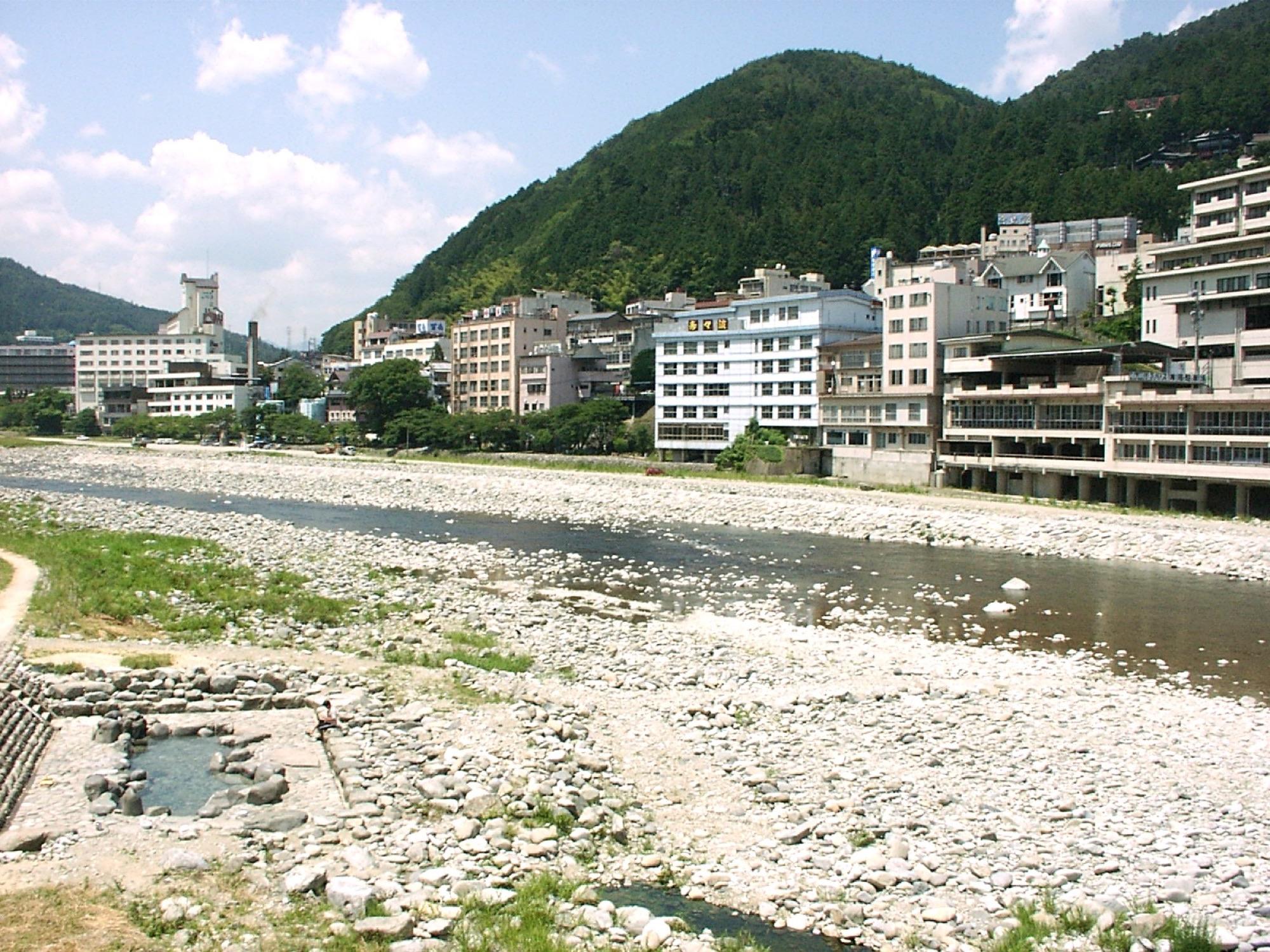 飛騨川と山々に沿って旅館が立ち並ぶ下呂温泉